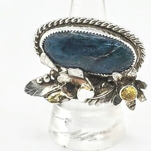BLUE APATITE & CITRINE FLORAL RING HANDMADE IN RECYCLE STERLING SILVER SZ 8